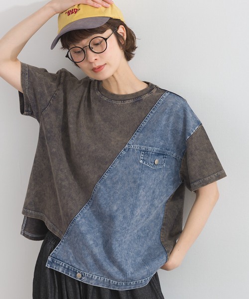 天竺*5.5OZデニム Gジャン風 異素材 切替 リメイク風 半袖 Tシャツ【2026春夏新作】