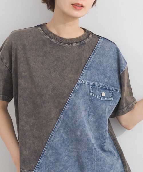 天竺*5.5OZデニム Gジャン風 異素材 切替 リメイク風 半袖 Tシャツ【2026春夏新作】