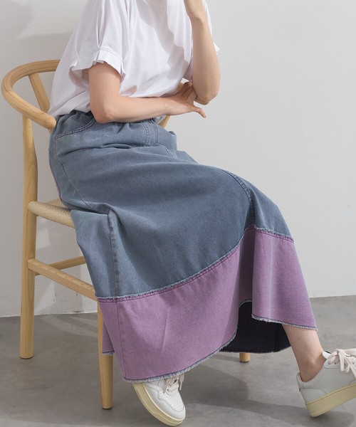 ウォッシュ加工 バイカラーデニム フリンジ 切替 スカート【2026春夏新作】