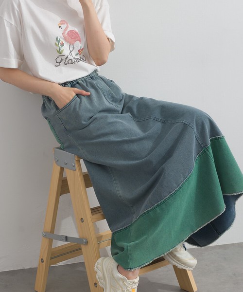 ウォッシュ加工 バイカラーデニム フリンジ 切替 スカート【2026春夏新作】
