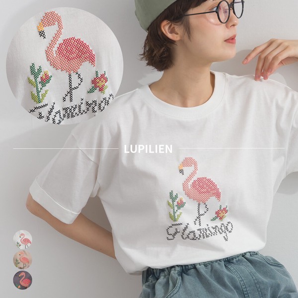 18SOE天竺 クロスステッチ風 フラミンゴ 発泡 プリント 半袖 Tシャツ【2026春夏新作】