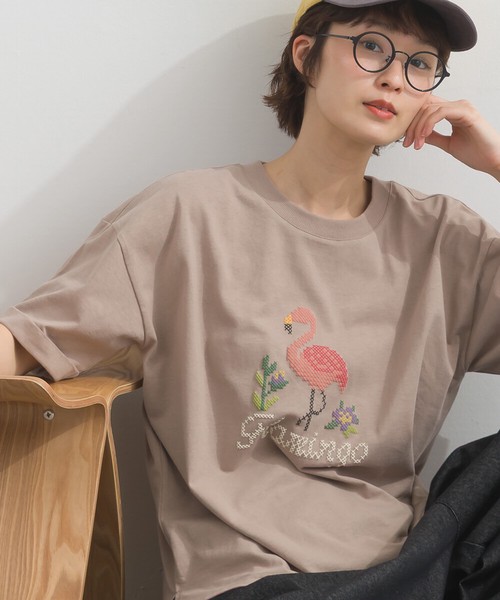 18SOE天竺 クロスステッチ風 フラミンゴ 発泡 プリント 半袖 Tシャツ【2026春夏新作】