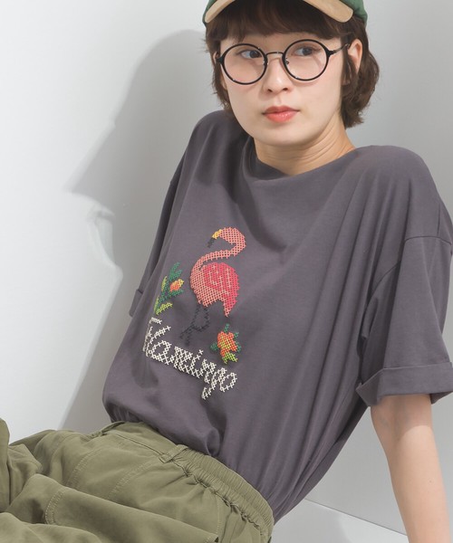 18SOE天竺 クロスステッチ風 フラミンゴ 発泡 プリント 半袖 Tシャツ【2026春夏新作】
