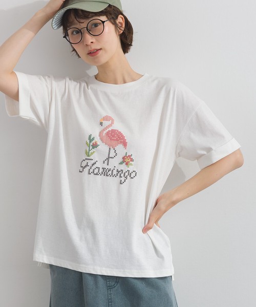 18SOE天竺 クロスステッチ風 フラミンゴ 発泡 プリント 半袖 Tシャツ【2026春夏新作】