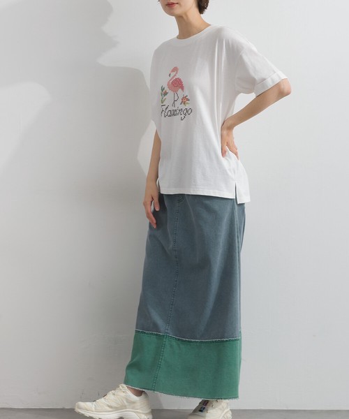 18SOE天竺 クロスステッチ風 フラミンゴ 発泡 プリント 半袖 Tシャツ【2026春夏新作】