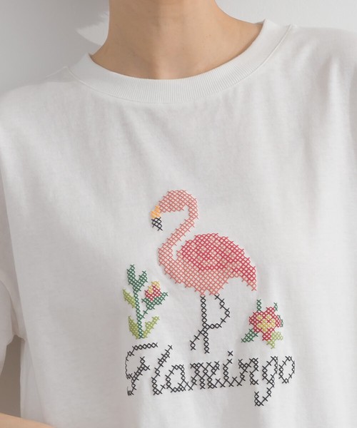 18SOE天竺 クロスステッチ風 フラミンゴ 発泡 プリント 半袖 Tシャツ【2026春夏新作】