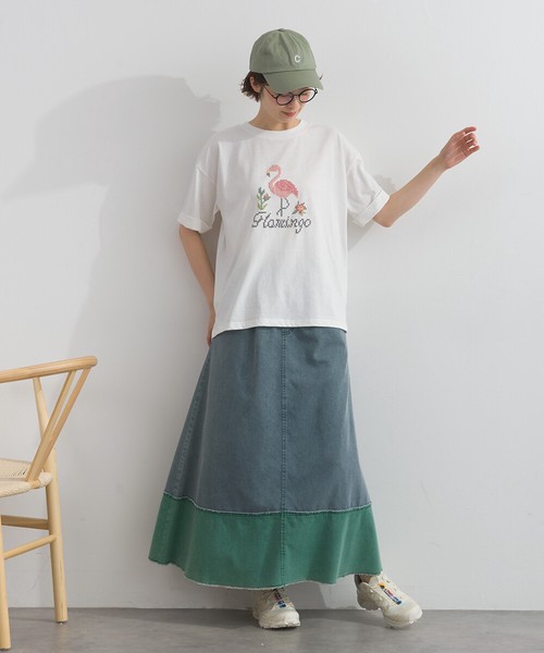 18SOE天竺 クロスステッチ風 フラミンゴ 発泡 プリント 半袖 Tシャツ【2026春夏新作】