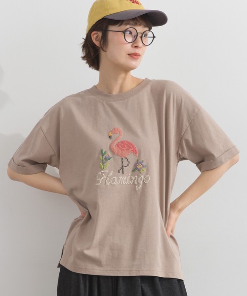 18SOE天竺 クロスステッチ風 フラミンゴ 発泡 プリント 半袖 Tシャツ【2026春夏新作】
