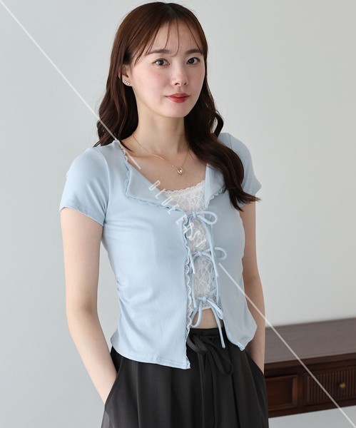 2026新作【トリムレースリボンカットソー】カットソー 　レース　トップス　Tシャツ　レディース SS