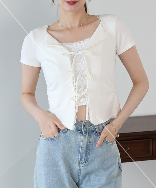 2026新作【トリムレースリボンカットソー】カットソー 　レース　トップス　Tシャツ　レディース SS