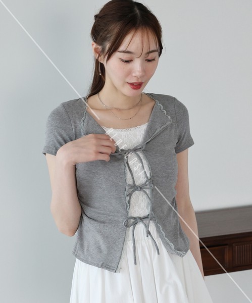 2026新作【トリムレースリボンカットソー】カットソー 　レース　トップス　Tシャツ　レディース SS