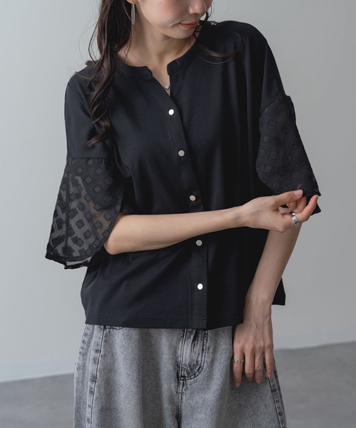 2026SS新作【ANNALUNA】シルケットスムース袖フレアブラウス / セミシルケット Tシャツ 半袖