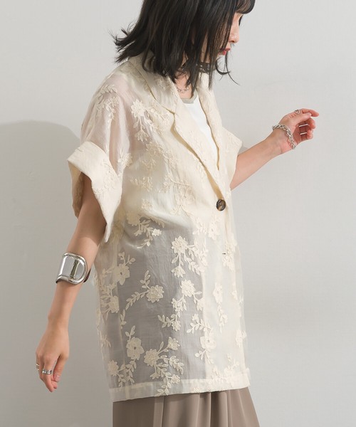 シアー 花柄刺繍 テーラード ジャケット 半袖【2026春夏新作】