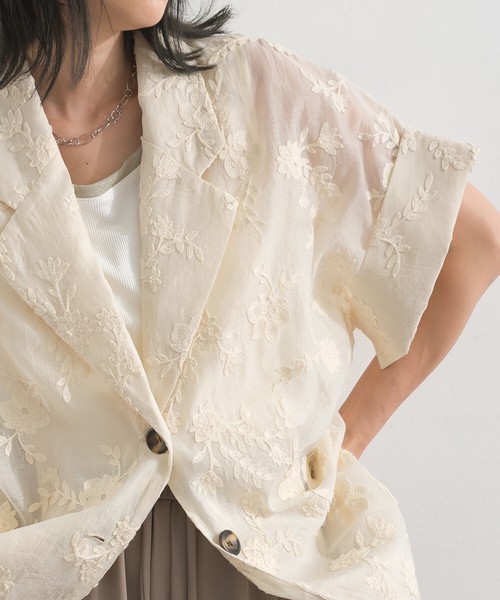 シアー 花柄刺繍 テーラード ジャケット 半袖【2026春夏新作】