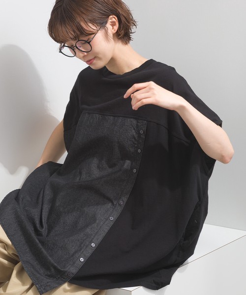 インディゴ天竺×デニム ランダムボタン フレンチスリーブ ワイド チュニック【2026春夏新作】