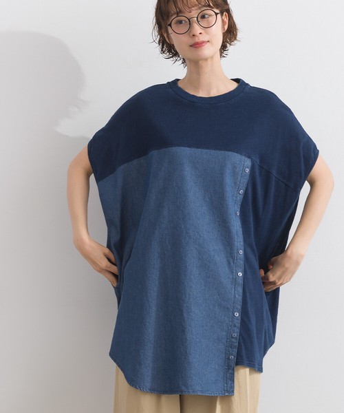 インディゴ天竺×デニム ランダムボタン フレンチスリーブ ワイド チュニック【2026春夏新作】