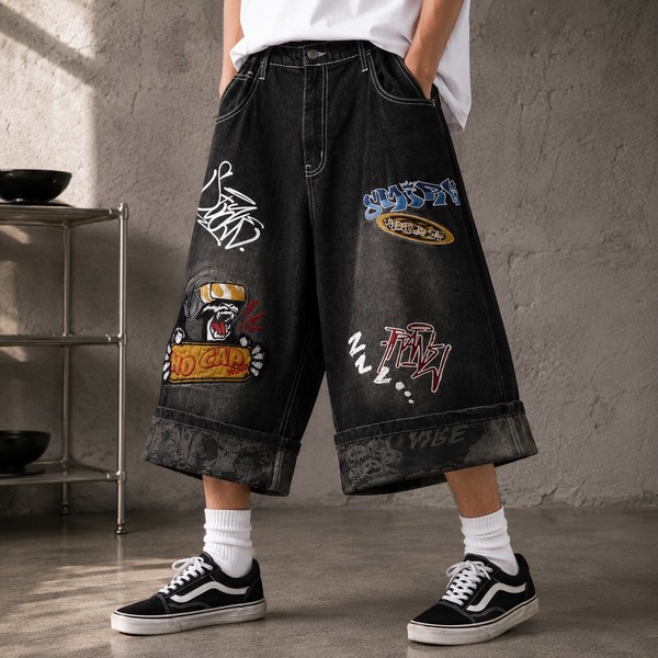 【グランジストリート系】デニム ワッペン付き ワイドショーツ 平成レトロ風 リメイク風 ハーフパンツ 4色