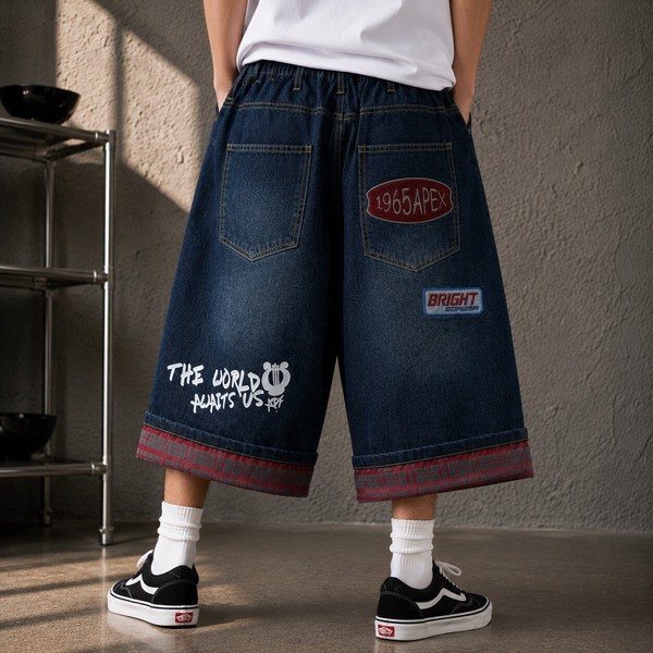 【グランジストリート系】デニム ワッペン付き ワイドショーツ 平成レトロ風 リメイク風 ハーフパンツ 4色