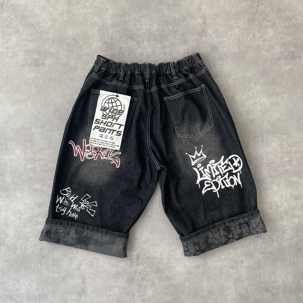 【グランジストリート系】デニム ワッペン付き ワイドショーツ 平成レトロ風 リメイク風 ハーフパンツ 4色