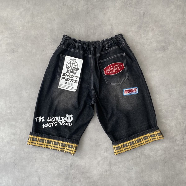 【グランジストリート系】デニム ワッペン付き ワイドショーツ 平成レトロ風 リメイク風 ハーフパンツ 4色
