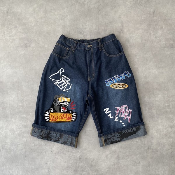 【グランジストリート系】デニム ワッペン付き ワイドショーツ 平成レトロ風 リメイク風 ハーフパンツ 4色