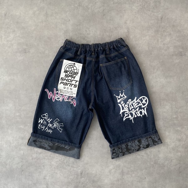 【グランジストリート系】デニム ワッペン付き ワイドショーツ 平成レトロ風 リメイク風 ハーフパンツ 4色