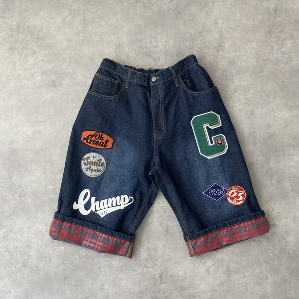 【グランジストリート系】デニム ワッペン付き ワイドショーツ 平成レトロ風 リメイク風 ハーフパンツ 4色