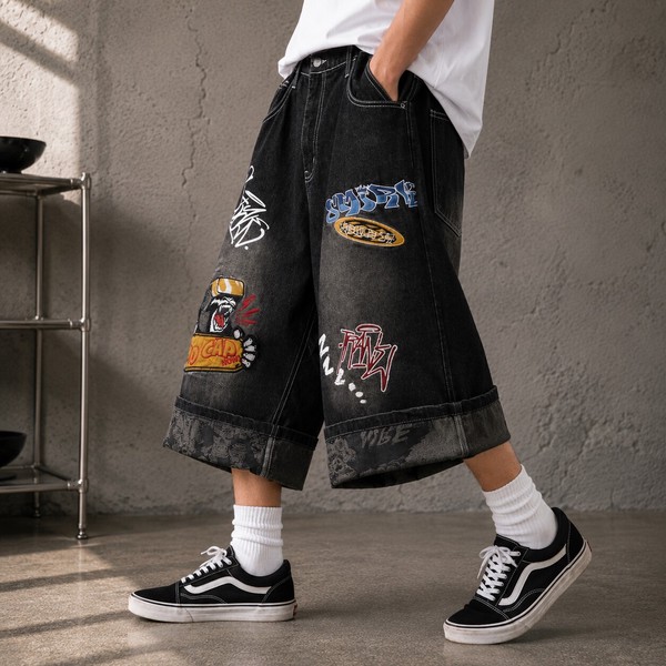 【グランジストリート系】デニム ワッペン付き ワイドショーツ 平成レトロ風 リメイク風 ハーフパンツ 4色