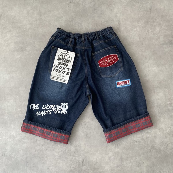 【グランジストリート系】デニム ワッペン付き ワイドショーツ 平成レトロ風 リメイク風 ハーフパンツ 4色