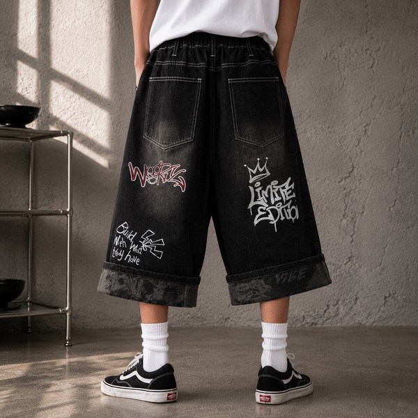 【グランジストリート系】デニム ワッペン付き ワイドショーツ 平成レトロ風 リメイク風 ハーフパンツ 4色