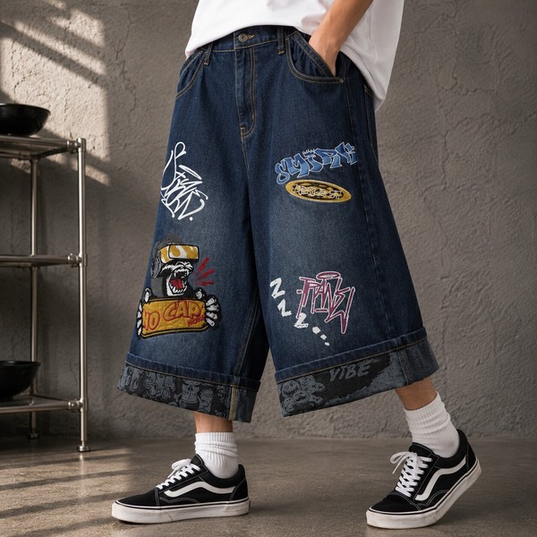 【グランジストリート系】デニム ワッペン付き ワイドショーツ 平成レトロ風 リメイク風 ハーフパンツ 4色