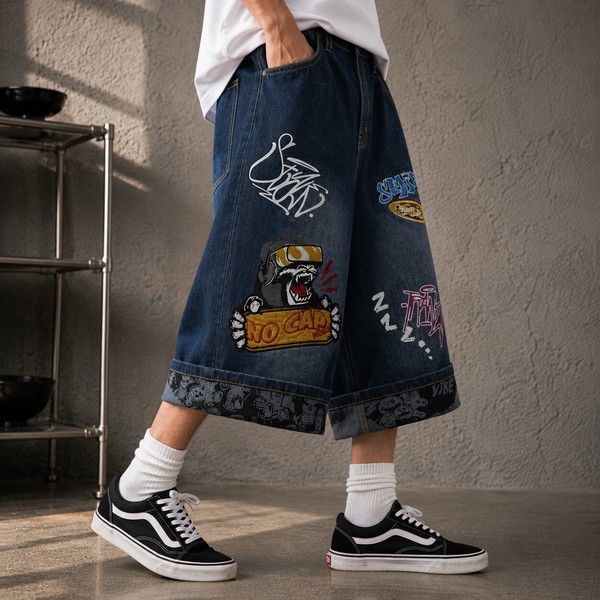 【グランジストリート系】デニム ワッペン付き ワイドショーツ 平成レトロ風 リメイク風 ハーフパンツ 4色