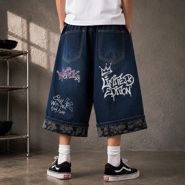 【グランジストリート系】デニム ワッペン付き ワイドショーツ 平成レトロ風 リメイク風 ハーフパンツ 4色