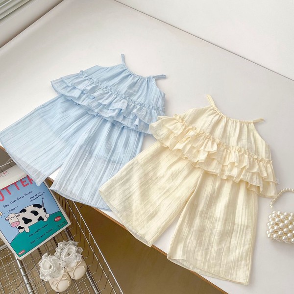 韓国スタイル 2色6サイズ シャツ パンツ 2点セット セットアップ フリル 春 夏 子供
